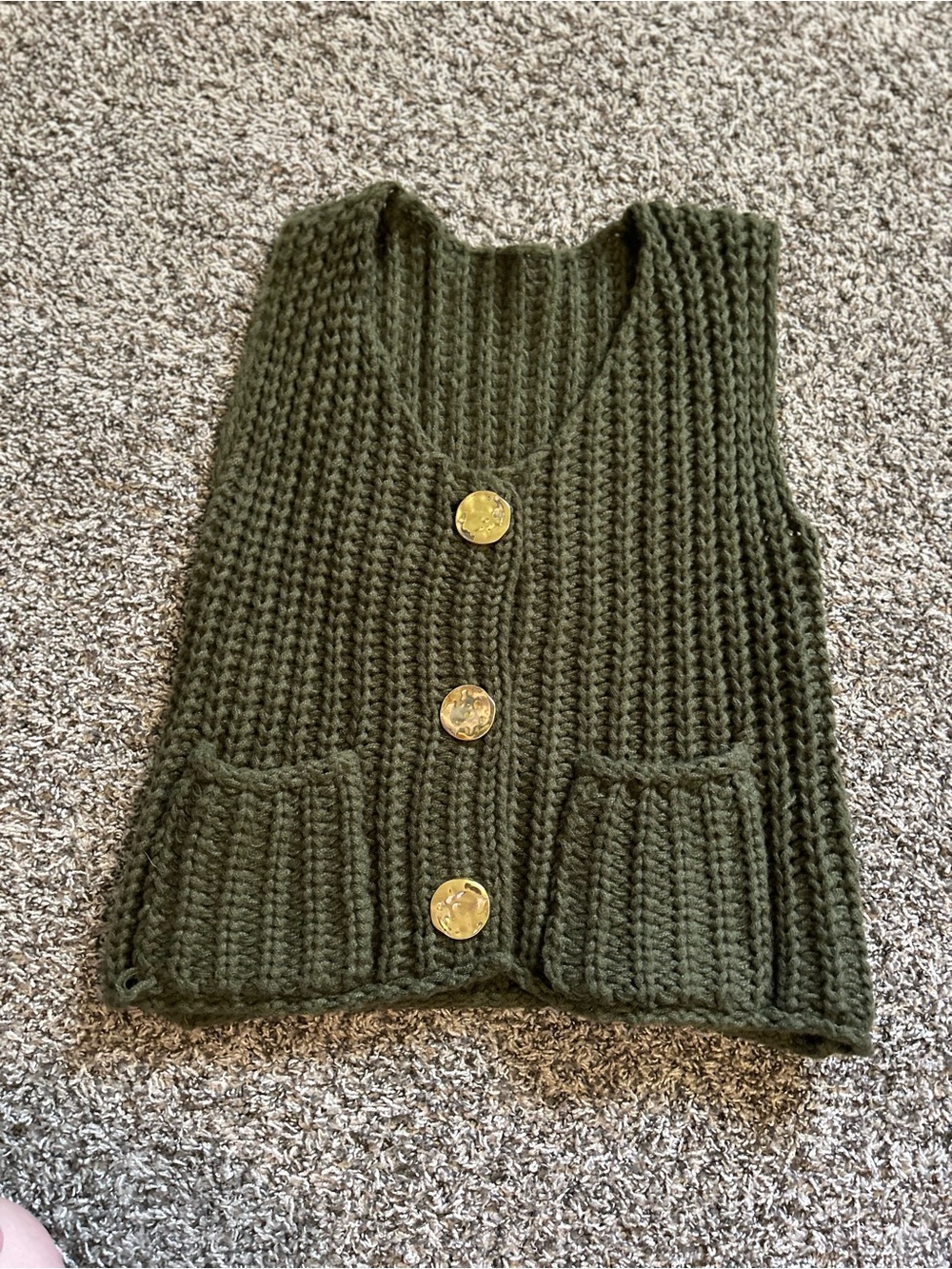 Chunky Olive Green Knit Vest with Gold Buttons